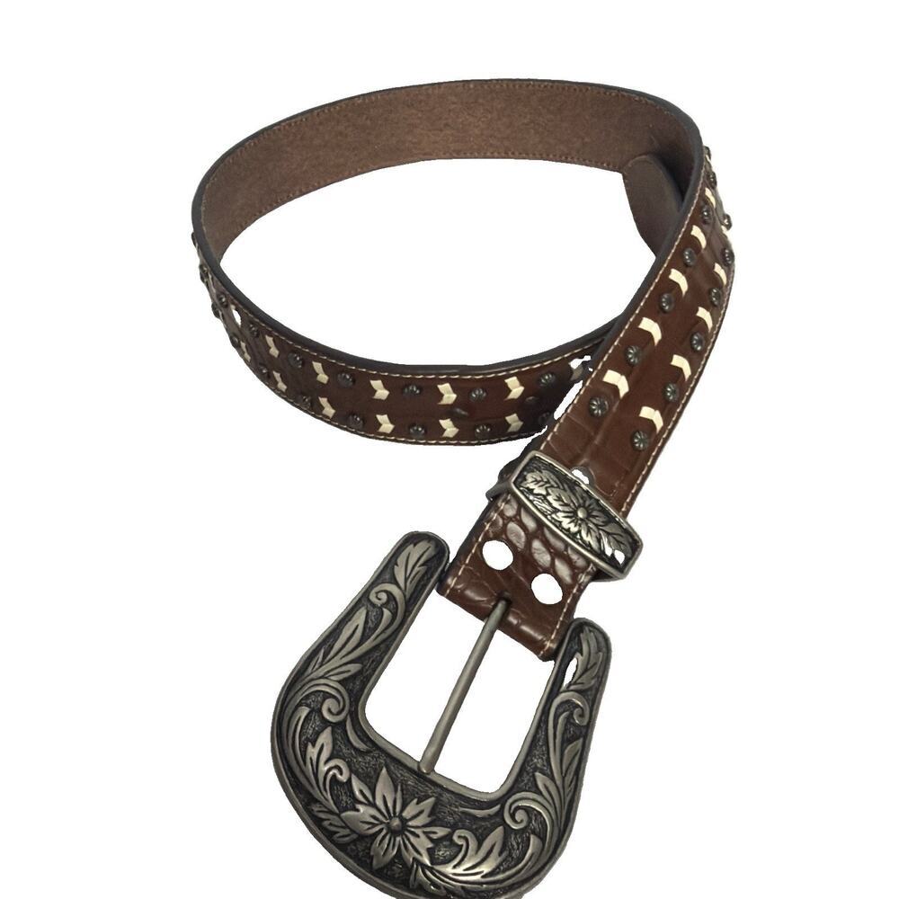 Nocona Belt Co Brown Western Embroidered Leather Belt Small Floral Silver Buckle